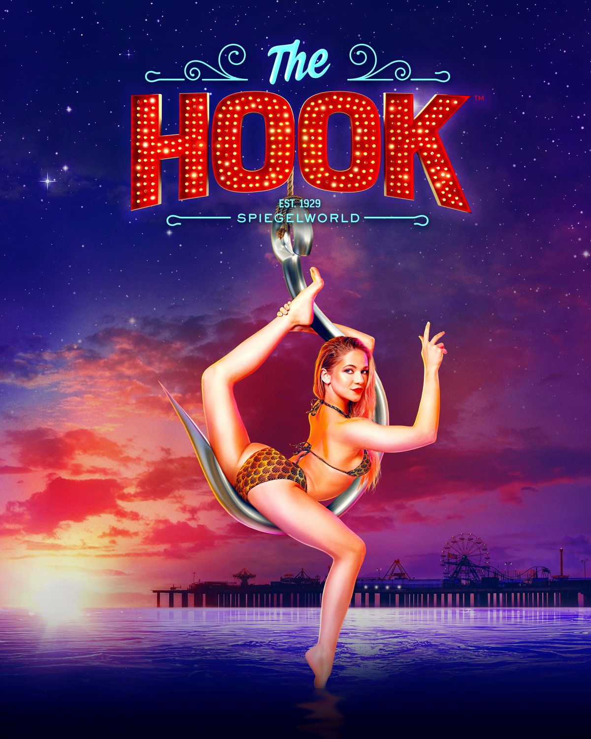 The Hook key art poster: a performer arched inside a giant fishing hook above a pier at sunset