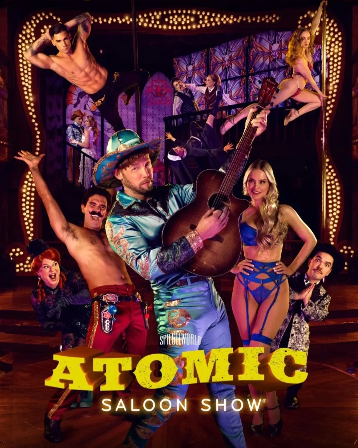 Atomic Saloon Show key art poster with the cast on stage and the show's yellow title lettering