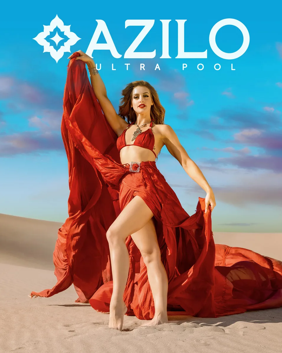 Azilo Ultra Pool poster: a model in red lifting a billowing scarf on sand dunes under a blue sky